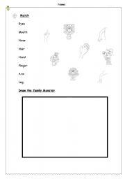 English worksheet: Parts of the body. Match picture with word.draw monster