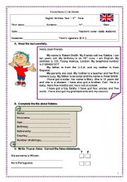 English Worksheet: Written Test ( Personal identification, family tree,  verb to have got, countries, nationalities and colours)