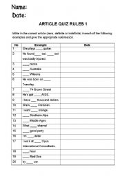 English worksheet: Artical Quiz 3