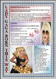 English Worksheet: LADY GAGA-BORN THIS WAY(2 PAGES)-LISTENING-SPEAKING-FULLY EDITABLE-KEY INCLUDED