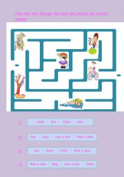 English worksheet: action verbs maze and prepositions of place