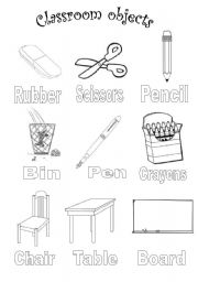 English Worksheet: Classroom objects colouring
