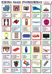 English Worksheet: Living room Furnishings - multiple choice (B&W included)
