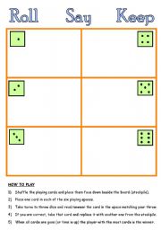 English Worksheet: Roll Say Keep - Reading or Spelling Game