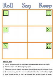 English worksheet: Roll Say Keep - Reading or Spelling Game