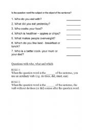 English Worksheet: subject questions and object questions