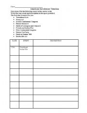 English Worksheet: American Revolution Timeline