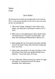 English Worksheet: save water -reading comprehension