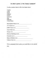 English Worksheet: Countries and Landmarks