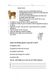 English Worksheet: Animal facts and verb can 