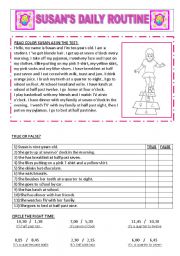 English Worksheet: Susans daily routine,  3 exercise in 1 sheet