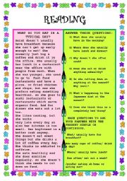 English Worksheet: READING: WHAT DO YOU EAT IN A TYPICAL DAY?