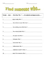 English worksheet: Find someone who... (wh questions)