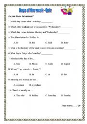 English Worksheet: Days of the week - quiz