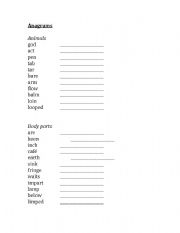 English worksheet: Anagrams - Animals and Body Parts