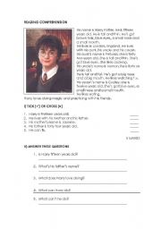 English Worksheet: Harry Potter. Reading comprehension