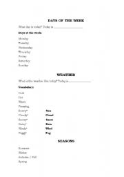 English worksheet: Days of the week, Weather, Seasons