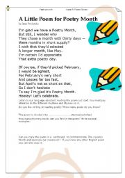 English Worksheet: aA Little Poem for Poetry Month(March) and activities
