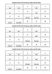English worksheet: Complete the list with the missing numbers