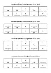 English worksheet: Complete the list with the missing numbers (1-10)