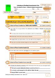 English Worksheet: Test (Listening and Reading Comprehension) - The World of Teens + Global Communication (VERSION B)+correction