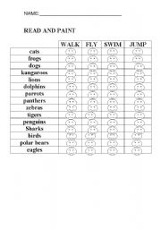 English worksheet: Animals (fly, walk, swim and jump)