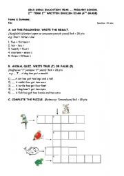 English worksheet: Numbers-Animals-HAVE GOT/HAS GOT-Lessons-Weekly Schedule Sample Exam and/or  Worksheet