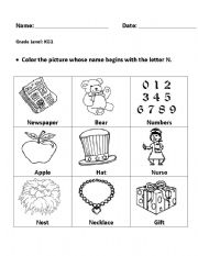 English worksheet: Color the pictures that start with N