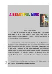 English Worksheet: A BEAUTIFUL MIND MOVIE WORKSHEET (PART 2). POST VIEWING ACTIVITY