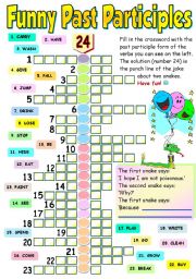 English Worksheet: FUNNY PAST PARTICIPLES - COLOUR, BLACK AND WHITE VERSION AND ANSWER KEY