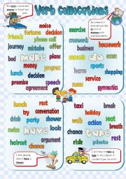 English Worksheet: VERB COLLOCATIONS - poster + exercises **3PAGES** (B&W +KEY included)