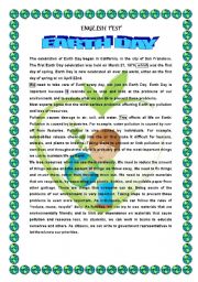 English Worksheet: EARTH DAY- READING COMPREHENSION