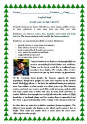 English Worksheet: RAINFORESTS- READING COMPREHENSION