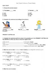 English Worksheet: Test about CAN, SIMPLE PRESENT AND PRESENT CONTINUOUS