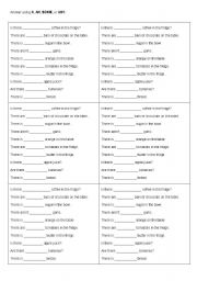 English Worksheet: Fill in the blanks using A, AN, SOME or ANY.