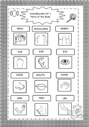 Parts of the Body - B&W - 2 pages: Picture Dictionary and Worksheet