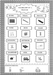 School Objects - B&W -  2 Pages : Picture Dictionary and Worksheet 