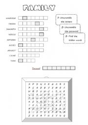 English Worksheet: Family - unscramble and find