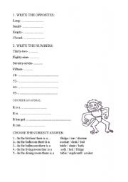 English Worksheet: test (opposites; numbers 1-100; description of an animal; preposition- under, behind, on in; furniture)