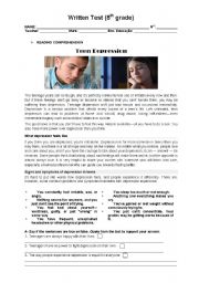 English Worksheet: test about teen depression