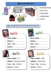 English Worksheet: Where do they live? (pairwork)