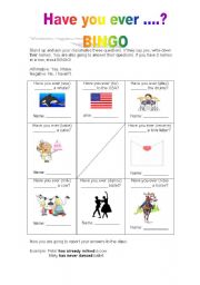 English Worksheet: Have you ever? bingo