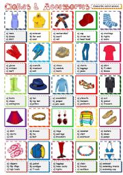 English Worksheet: Clothes & Accessories - multiple choice (B&W included)