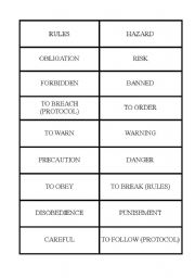 English worksheet: Health and Safety Vocabulary /  Taboo game worksheet