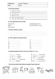 English Worksheet: Diagnostic Test 7th grade