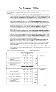 English Worksheet: Peer Evaluation of Writing