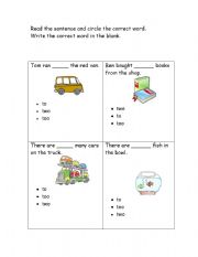 English worksheet: homophones to,two,too