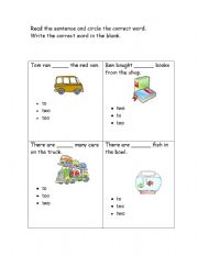 English Worksheet: homophones to,two,too