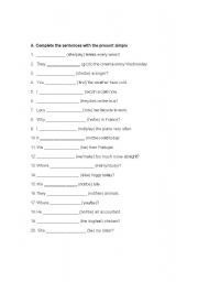 English worksheet: simple present tense and 