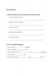English worksheet: simple present tense, prepositions, can exercises